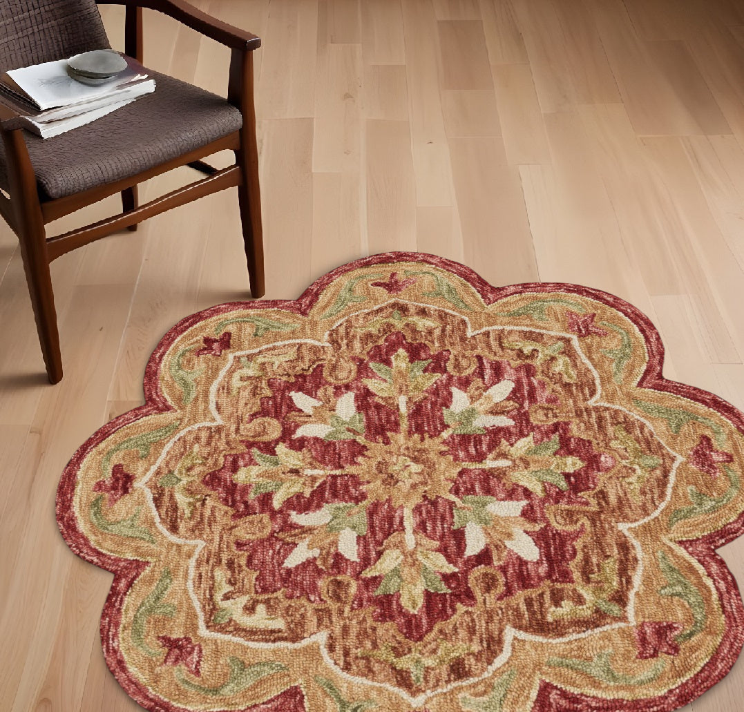 4' Round Rustic Red Scalloped Edge Area Rug