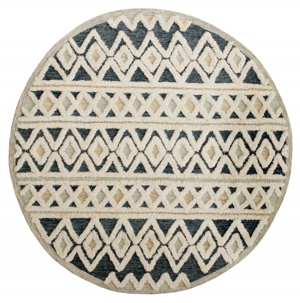 4' Round Blue and Cream Stripe Diamond Area Rug