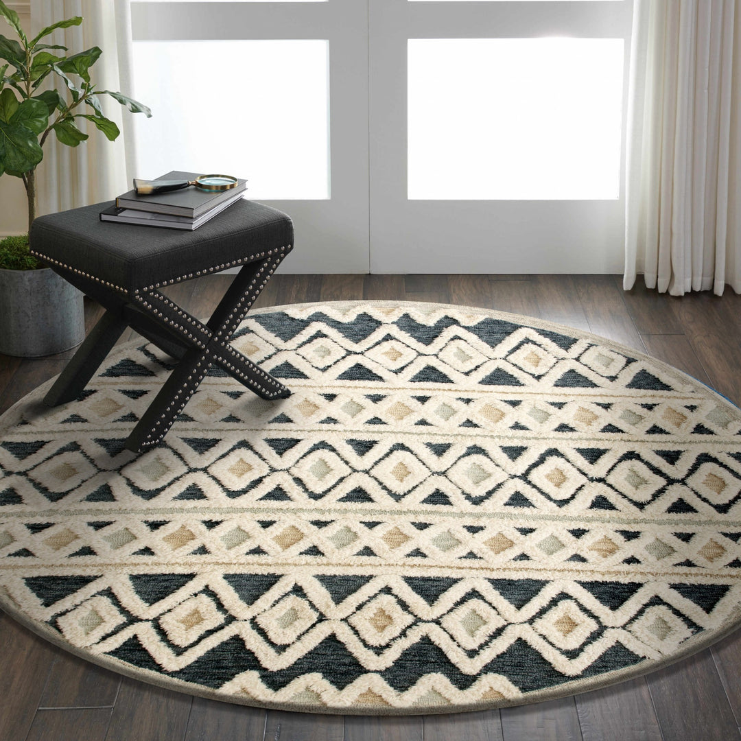 4' Round Blue and Cream Stripe Diamond Area Rug