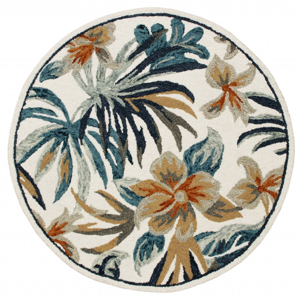 4' Round Blue and White Tropical Area Rug