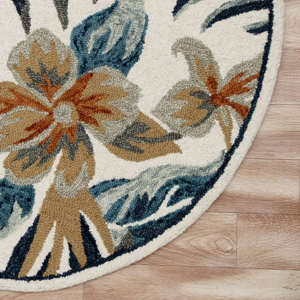 4' Round Blue and White Tropical Area Rug