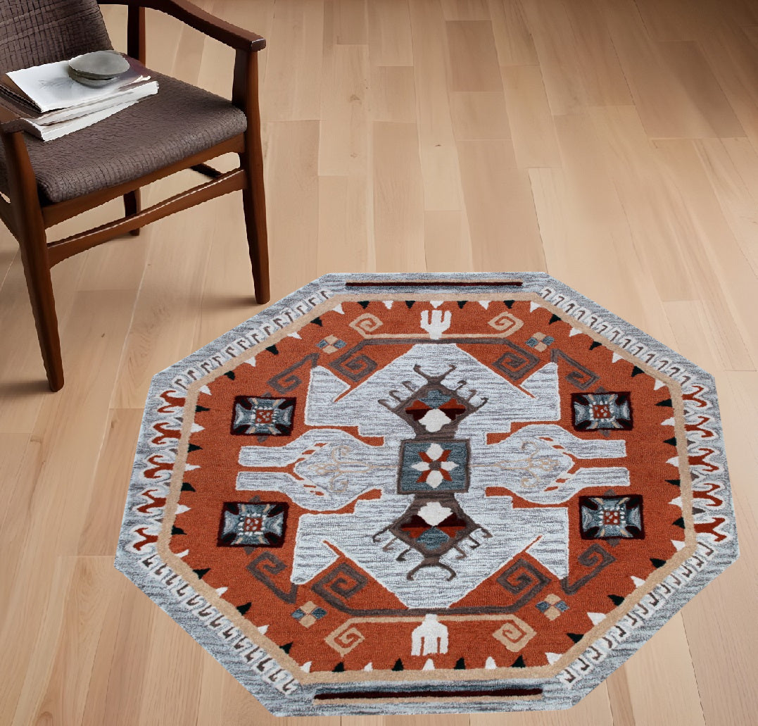 4' Round Terracotta Tribal Area Rug