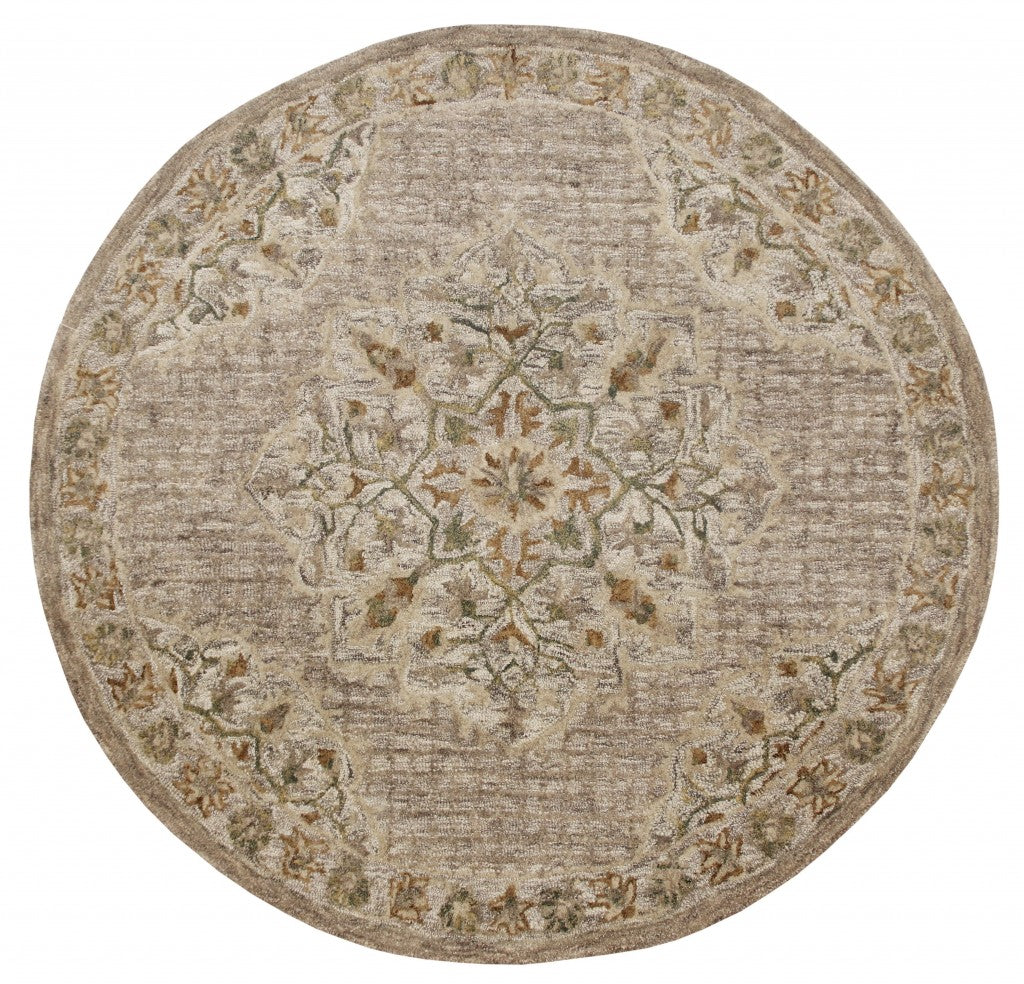 4' Round Beige Distressed Medallion Area Rug