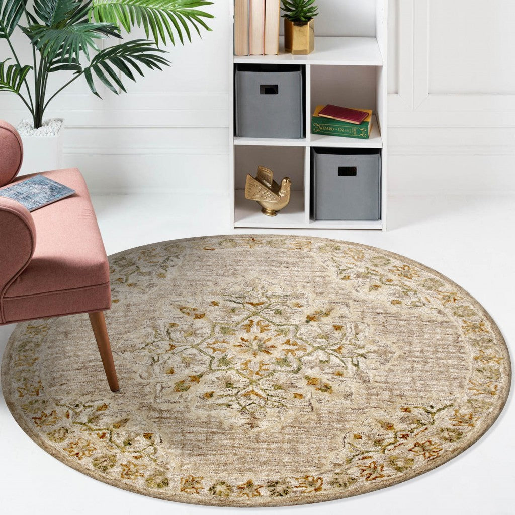 4' Round Beige Distressed Medallion Area Rug