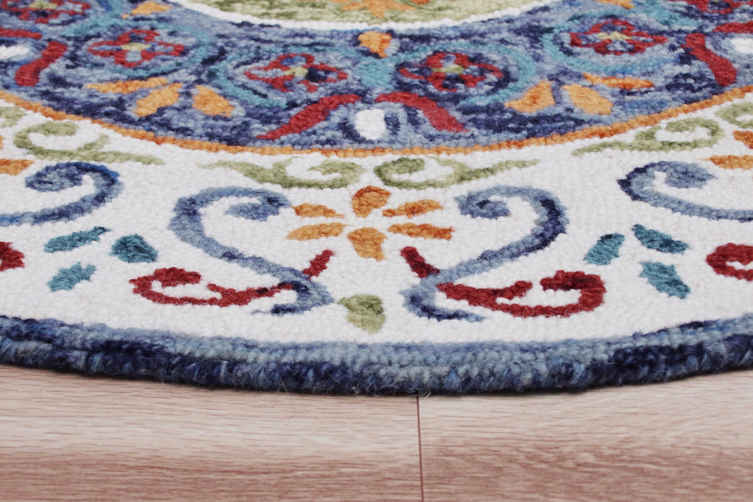 4' Round Blue and White Ornate Medallion Area Rug