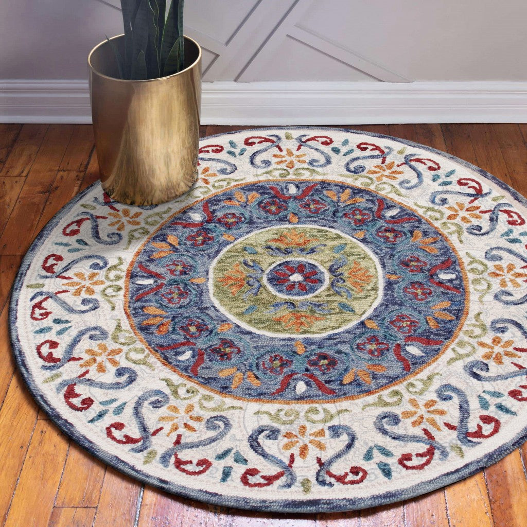 4' Round Blue and White Ornate Medallion Area Rug