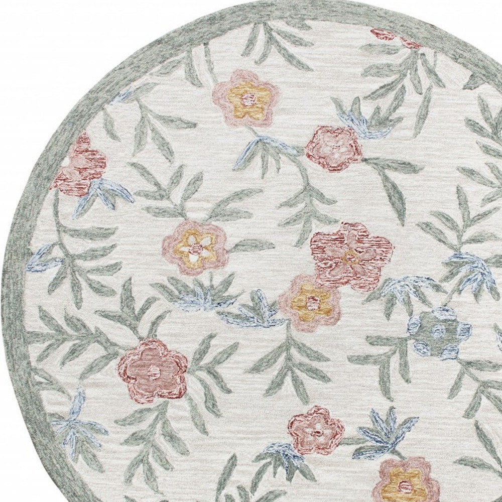 4' Round Gray Floral Traditional Area Rug