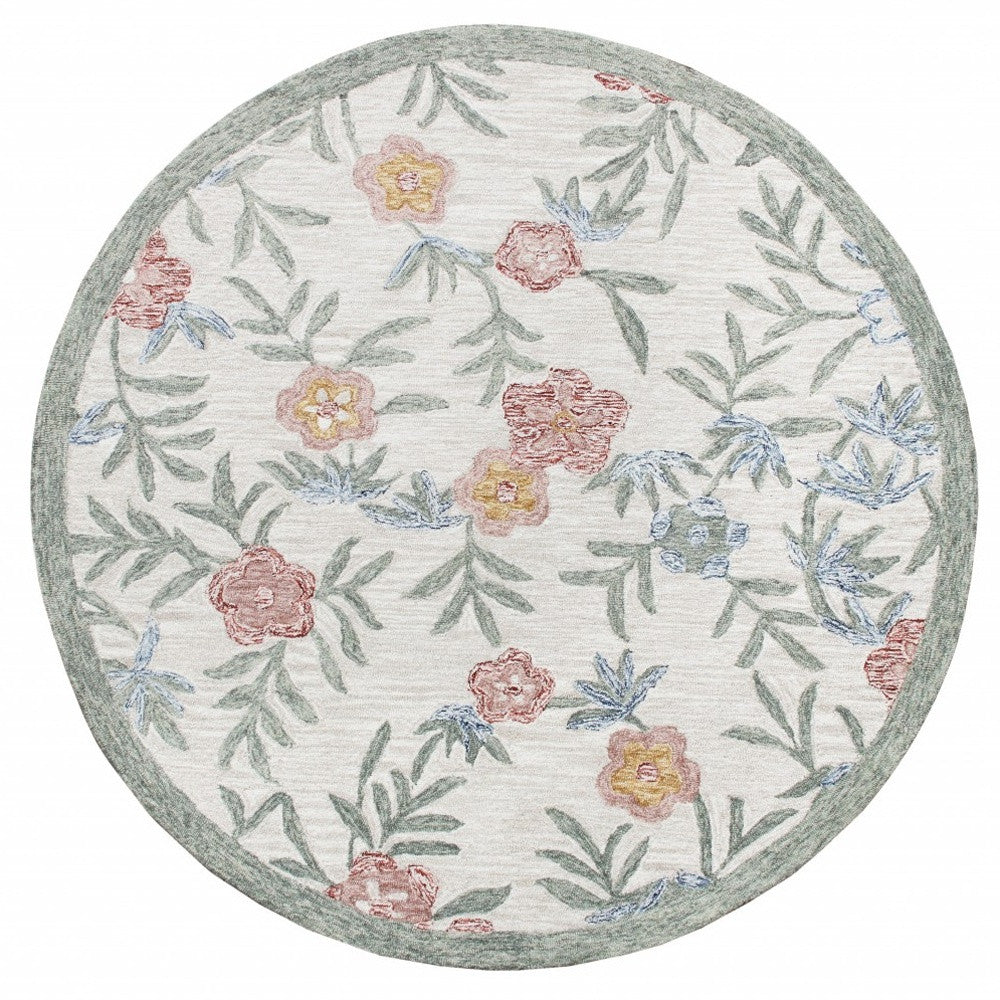 4' Round Gray Floral Traditional Area Rug