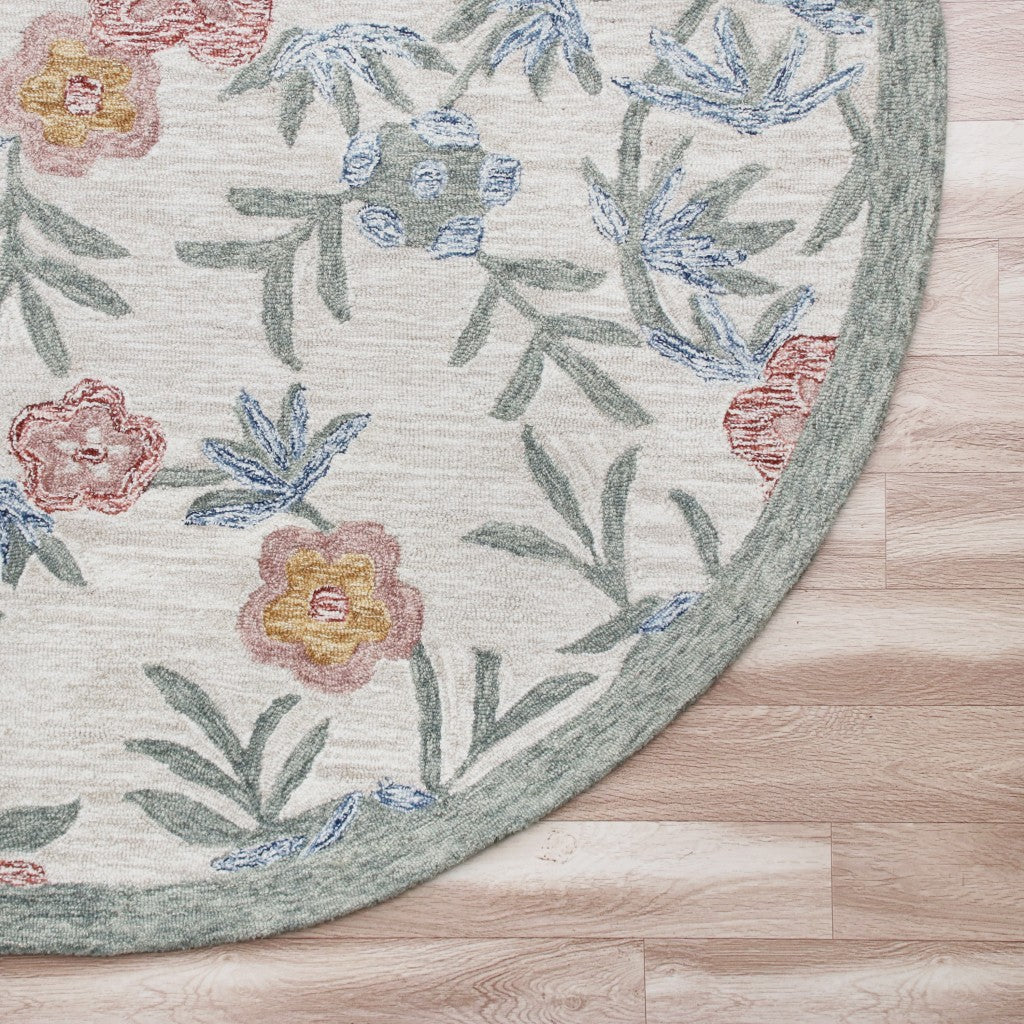 4' Round Gray Floral Traditional Area Rug