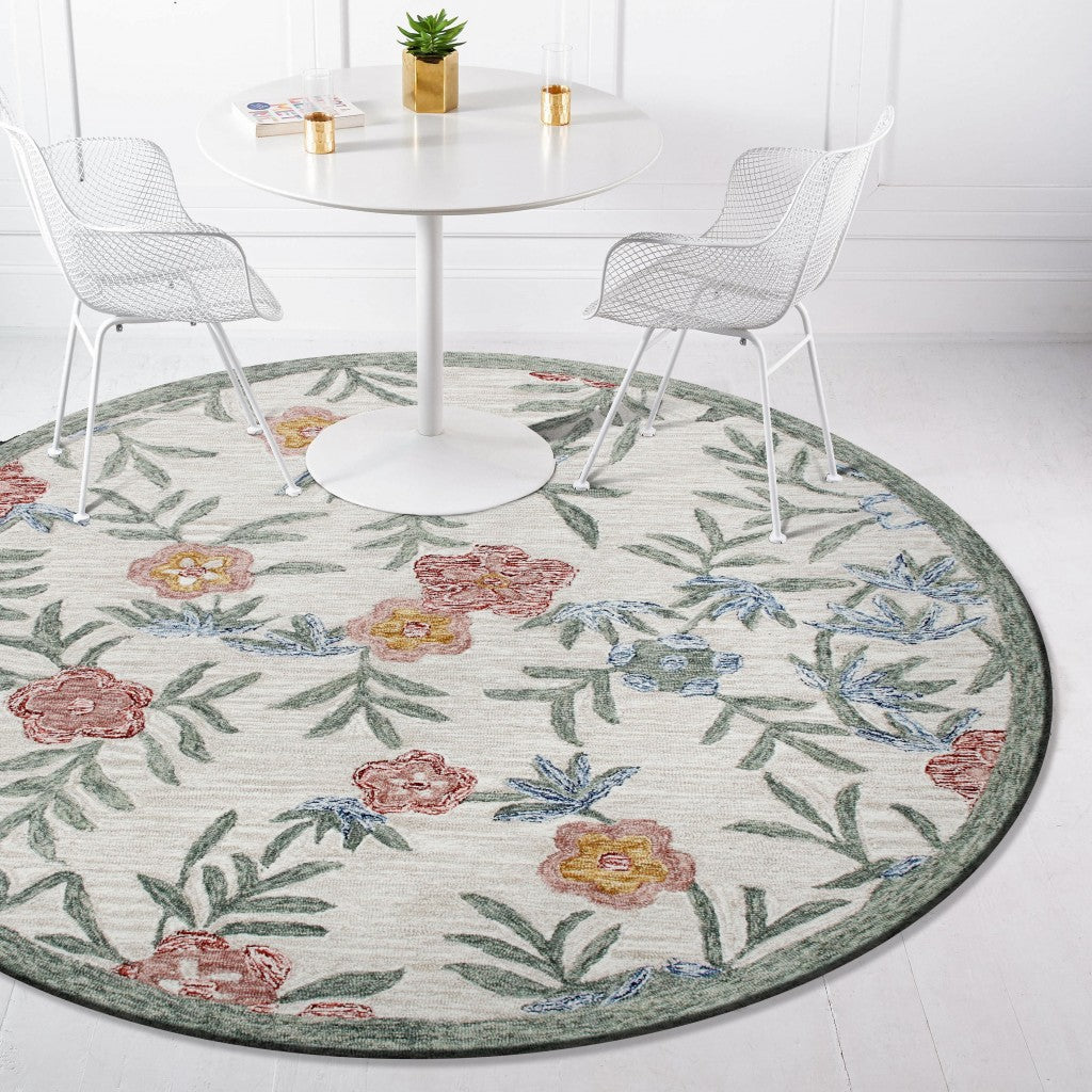 4' Round Gray Floral Traditional Area Rug