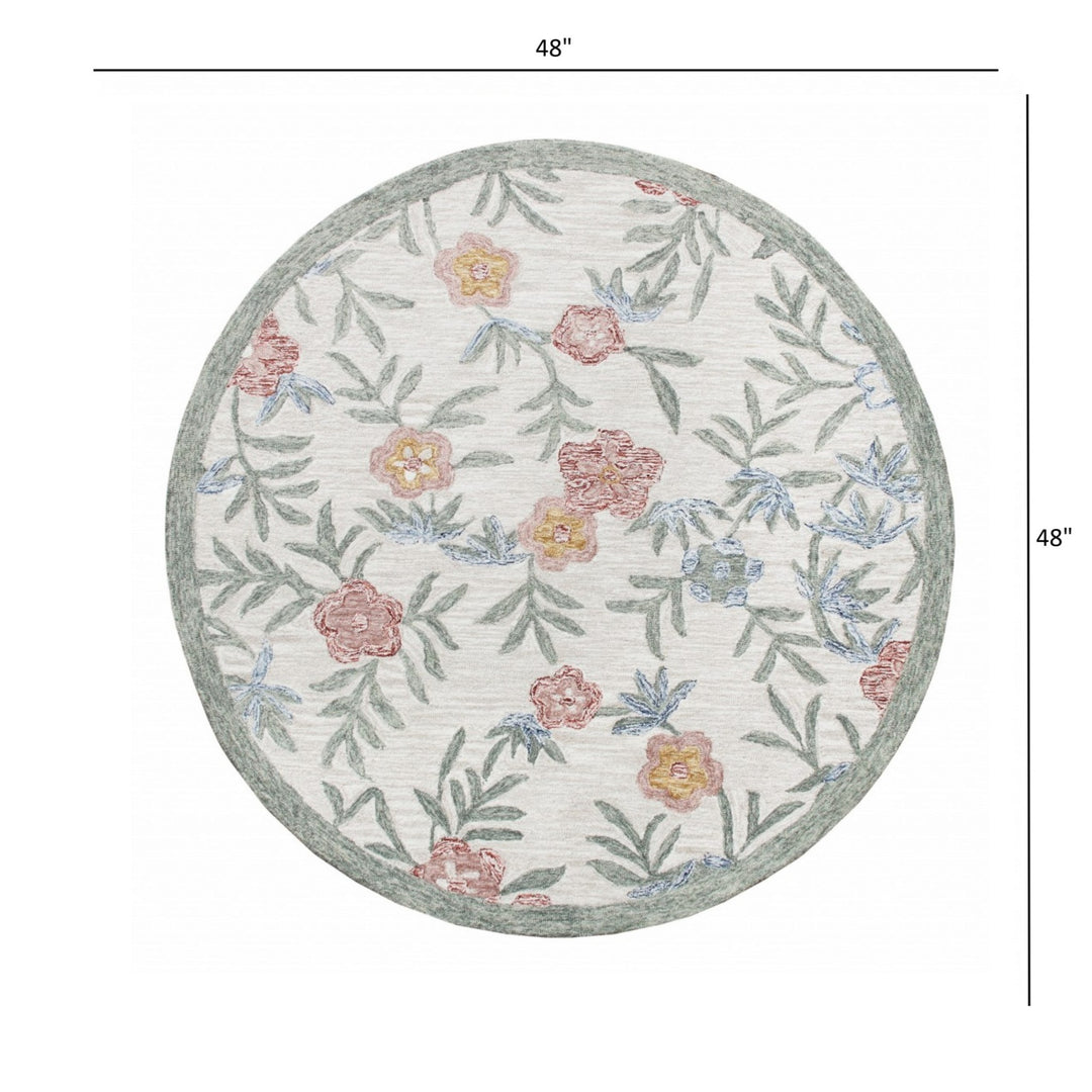 4' Round Gray Floral Traditional Area Rug