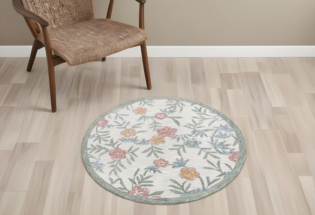 4' Round Gray Floral Traditional Area Rug