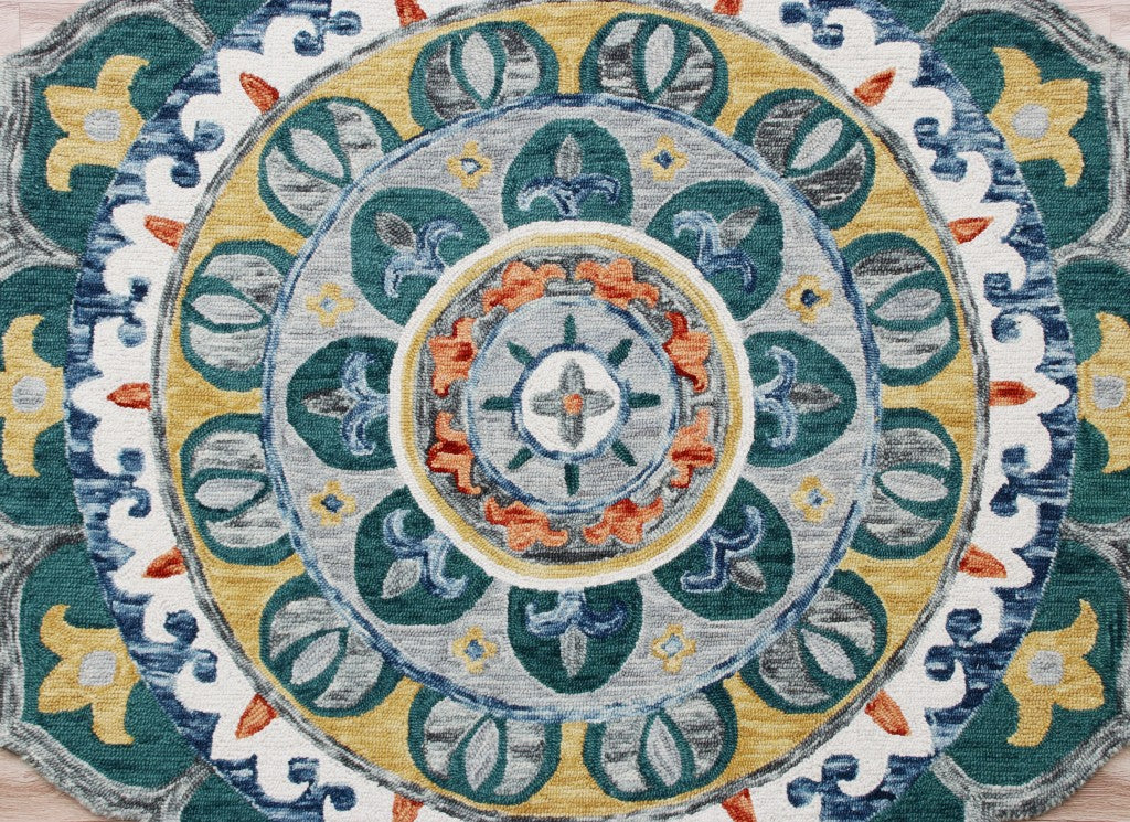 4' Round Teal Floral Mandala Area Rug