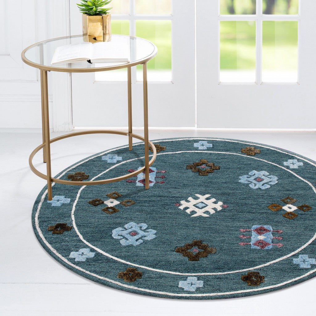 5' Blue Round Wool Hand Hooked Handmade Area Rug