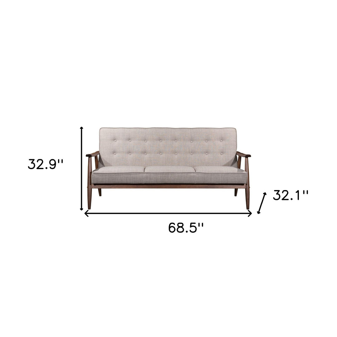 69" Beige Tufted Polyester Sofa with Brown Solid Wood Legs – Stylish, Comfortable, and Built to Last