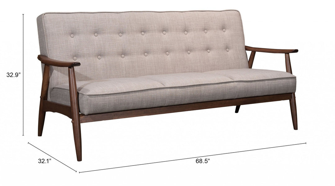 69" Beige Tufted Polyester Sofa with Brown Solid Wood Legs – Stylish, Comfortable, and Built to Last