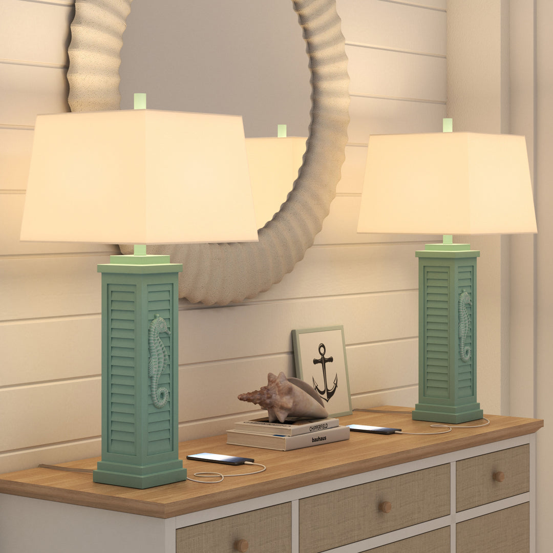 Set of Two 32" Teal Blue Table Lamp With Off White Shade