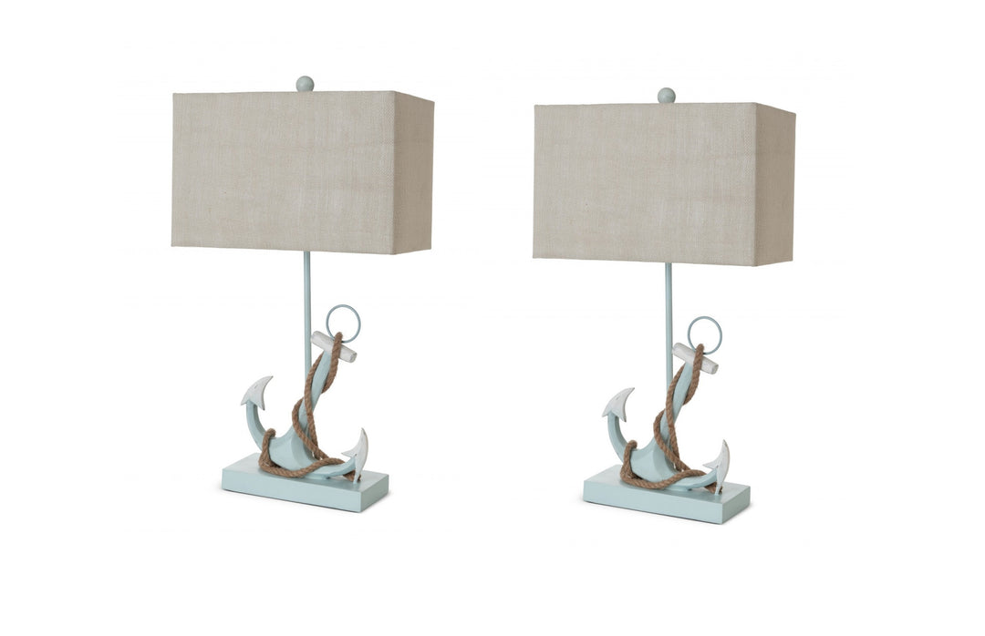 Set of Two 28" Blue Coastal Anchor Table Lamps With Beige Shade