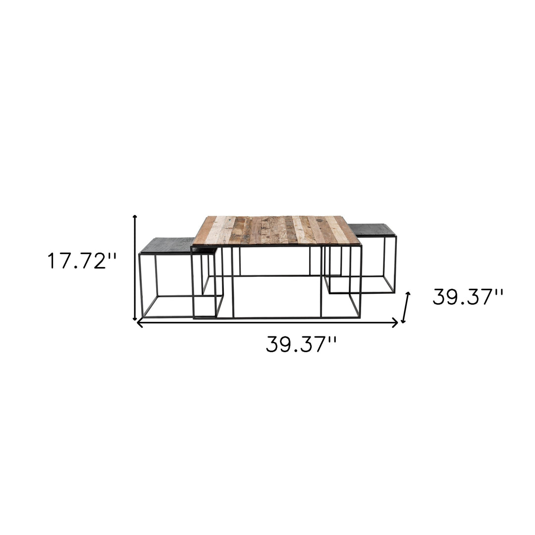 Set of Three 39" Brown And Black Solid Wood And Iron Square Nested Coffee Tables