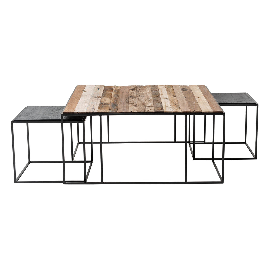 Set of Three 39" Brown And Black Solid Wood And Iron Square Nested Coffee Tables