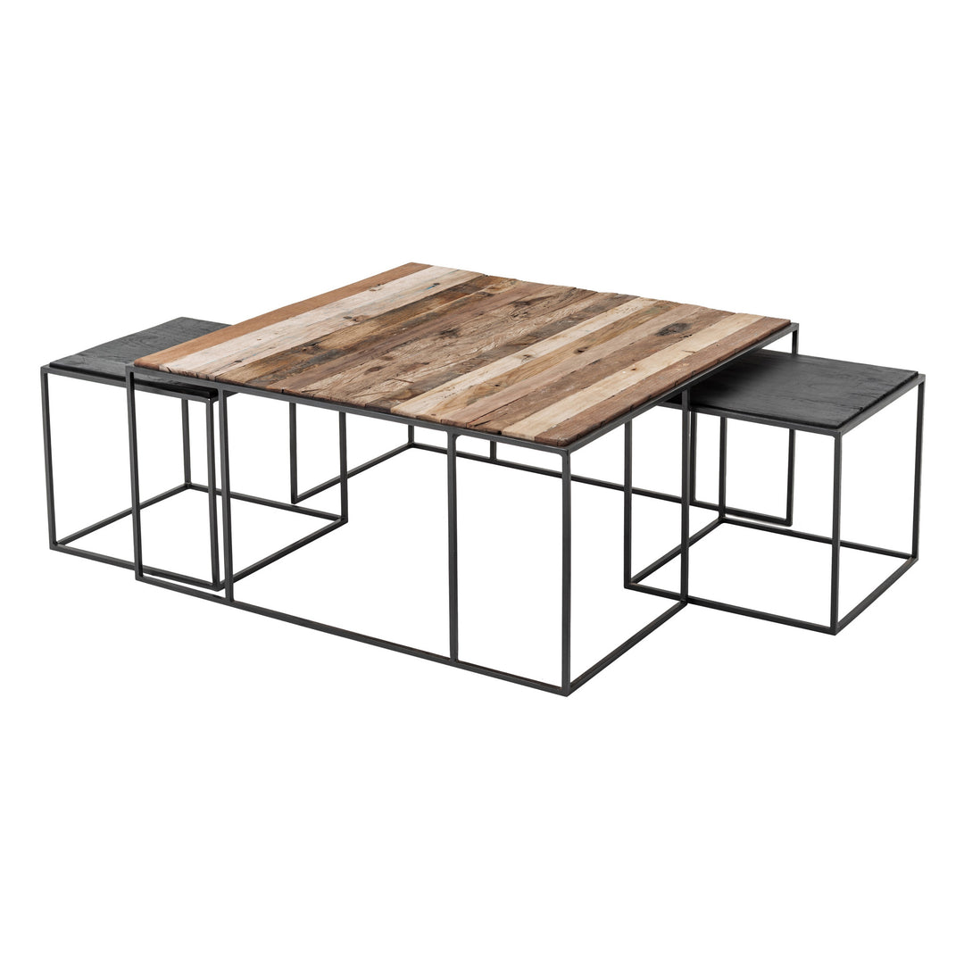 Set of Three 39" Brown And Black Solid Wood And Iron Square Nested Coffee Tables