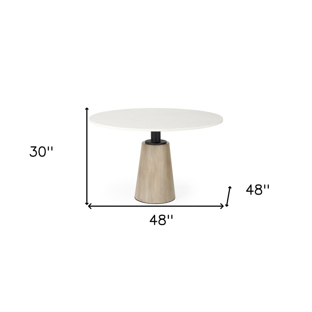 48" White and Natural Round Marble Pedestal Dining Table