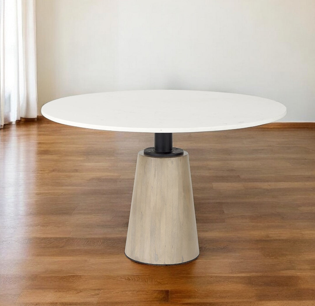 48" White and Natural Round Marble Pedestal Dining Table