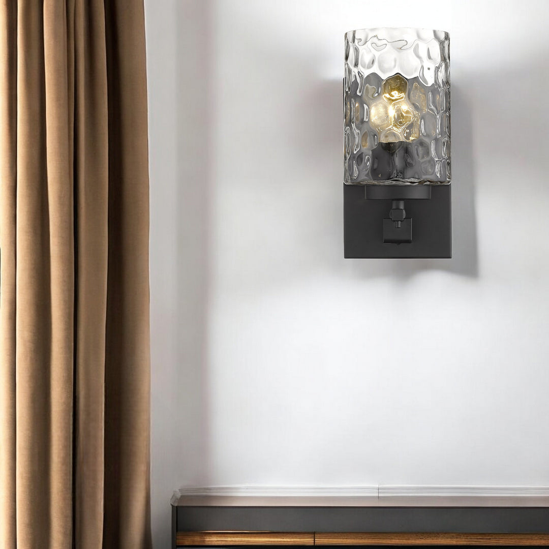 Black Metal and Pebbled Glass Wall Sconce