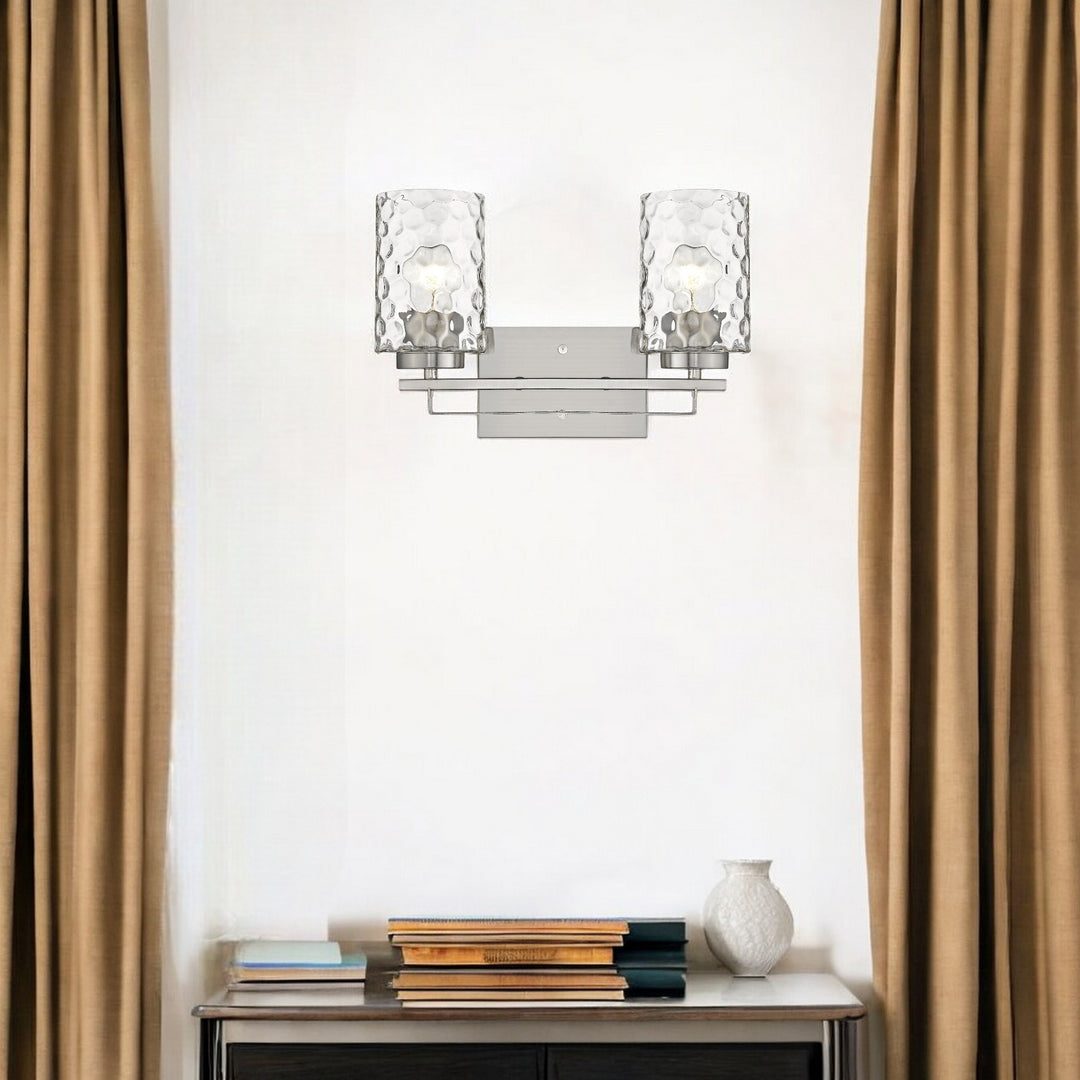 Silver Metal and Pebbled Glass Two Light Wall Sconce