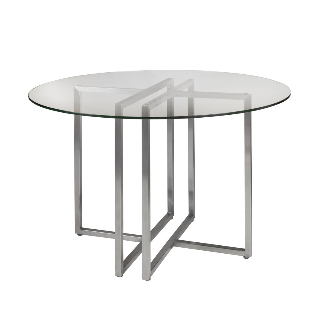 42" Clear and Silver Round Glass and Metal Dining Table