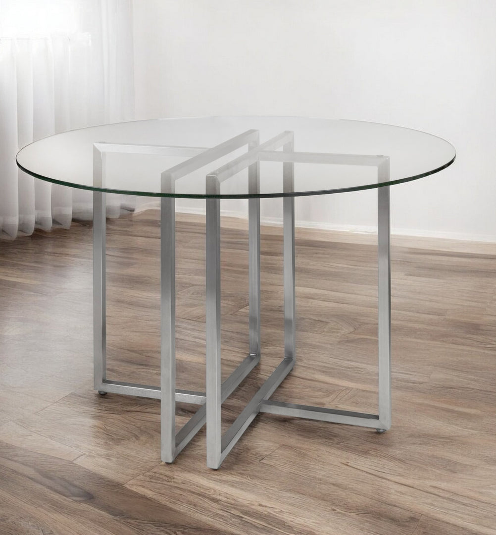 42" Clear and Silver Round Glass and Metal Dining Table