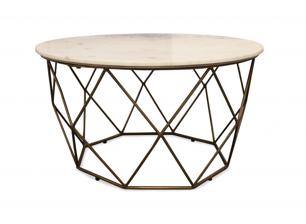 32-Inch Ivory Marble and Brass Round Coffee Table