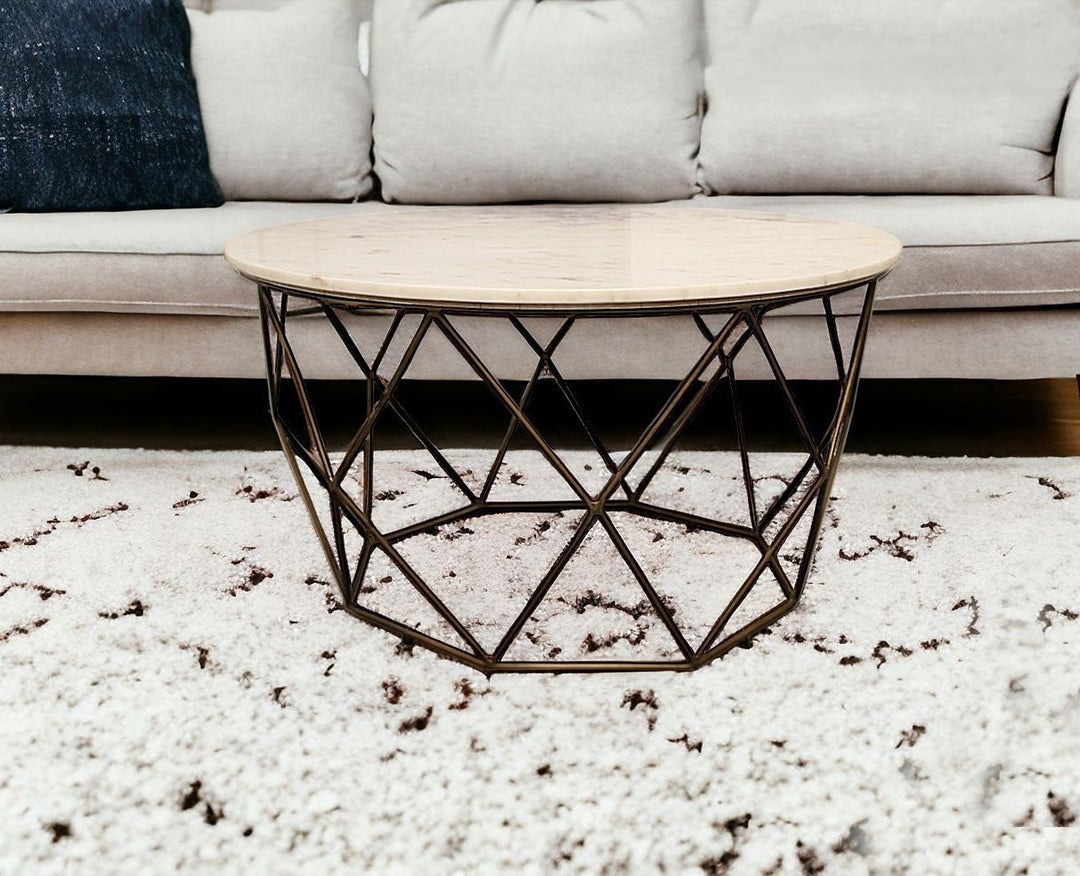 32-Inch Ivory Marble and Brass Round Coffee Table