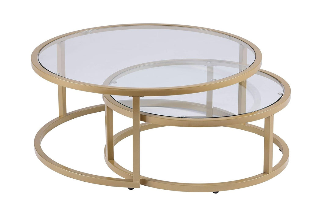 Set of Two Gold Glass Round Nested Coffee Tables