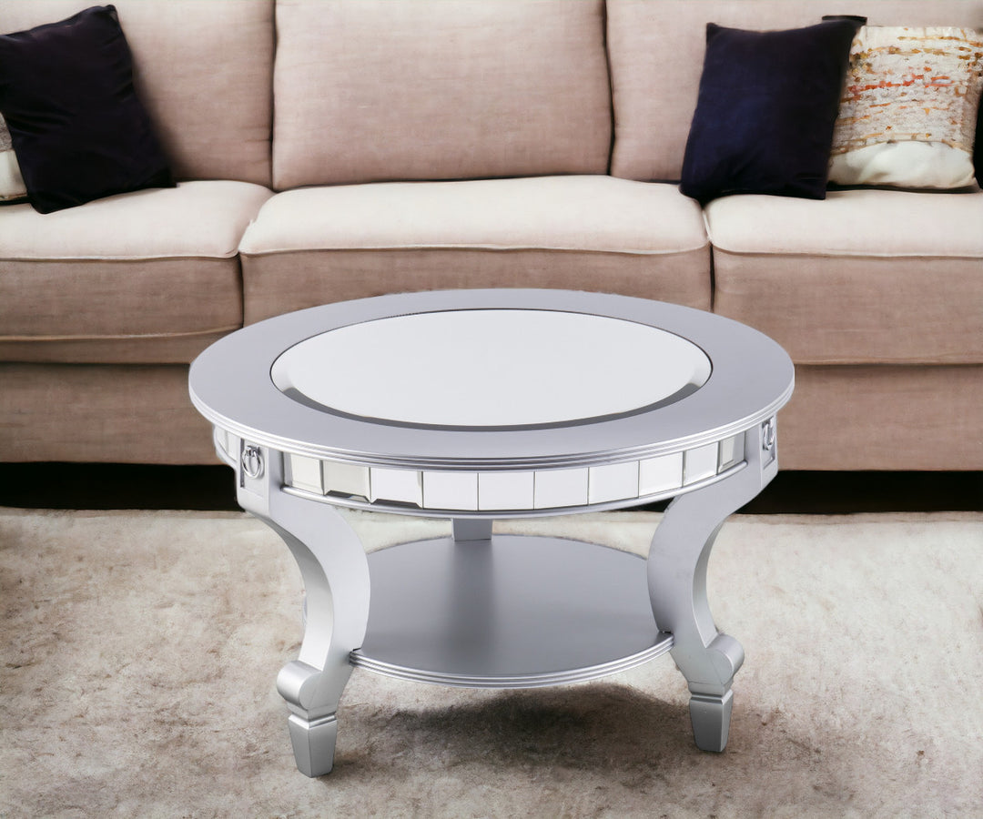 29" Silver Mirrored And Metal Round Mirrored Coffee Table