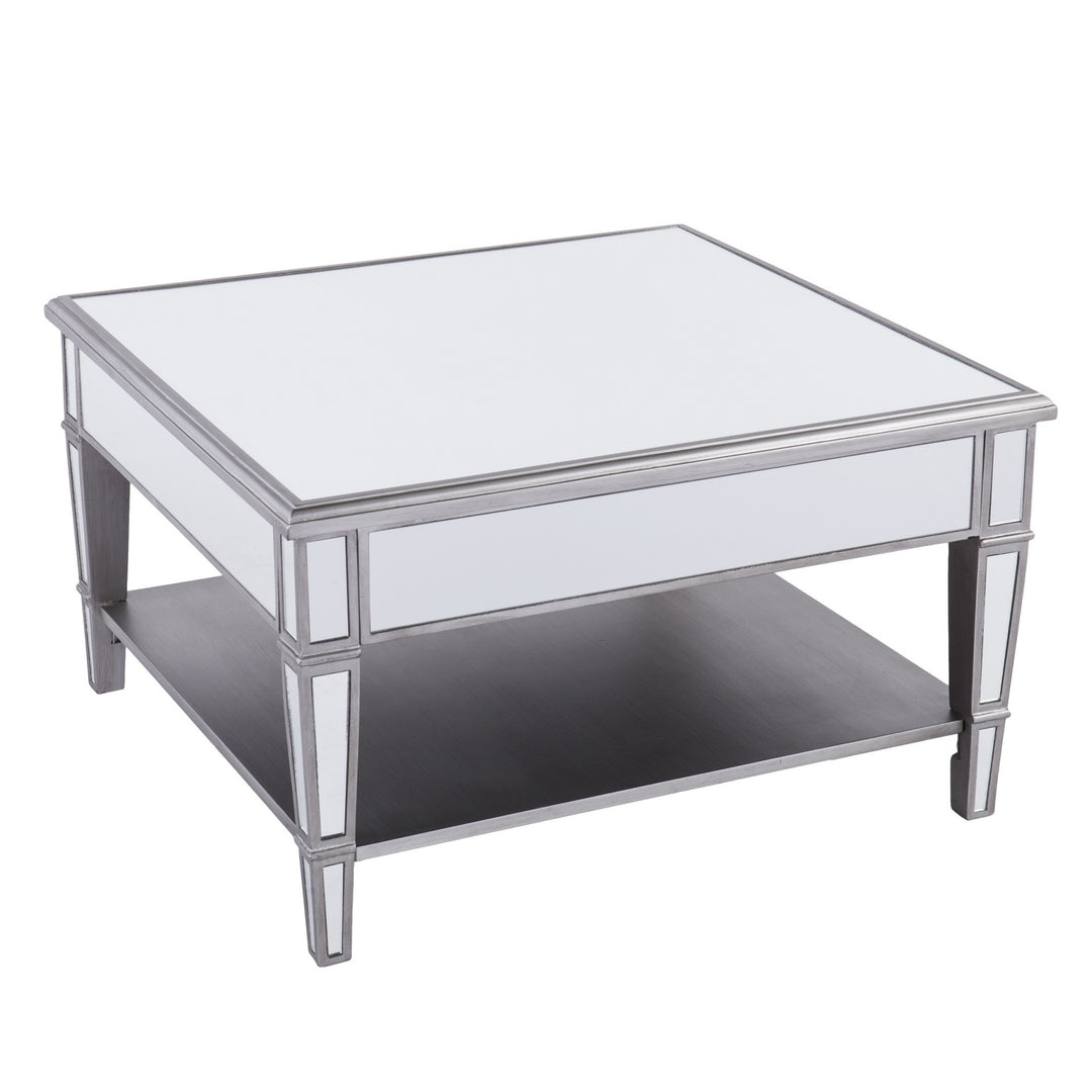 29" Silver Mirrored Square Coffee Table With Shelf