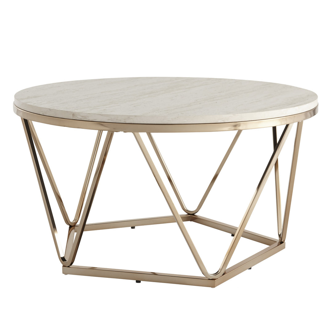 33" Champagne Solid Manufactured Wood And Metal Round Coffee Table