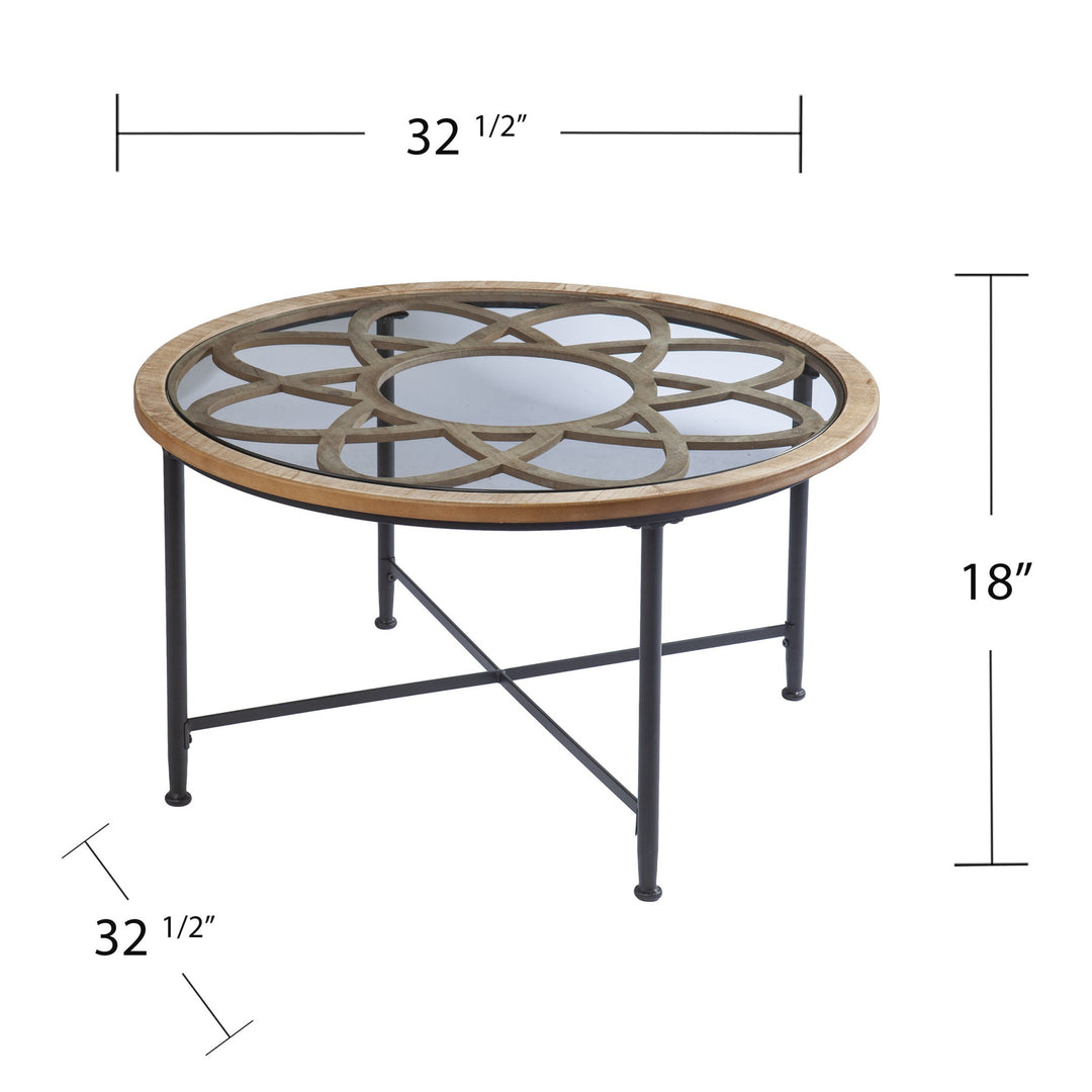 33" Rustic Floral Design Glass Top Round Coffee Table – Stylish, Compact, and Elegant