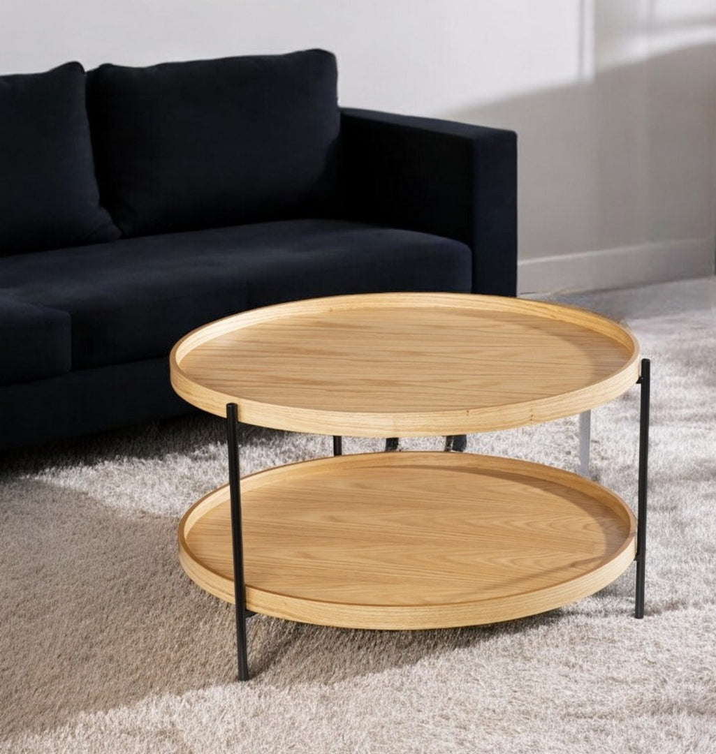 33" Natural And Black Wood And Metal With Iron Round Coffee Table