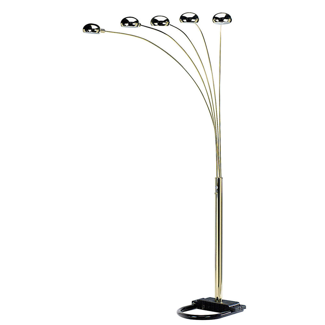 84" Brass Five Light Arc Floor Lamp With Brass Metal Dome Shade