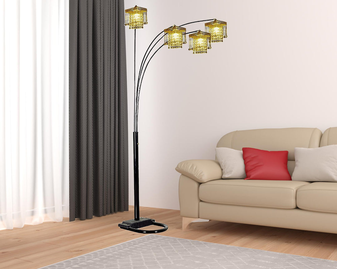 84" Black Four Light Arc Floor Lamp With Clear Crystal Glass Chandelier Shade