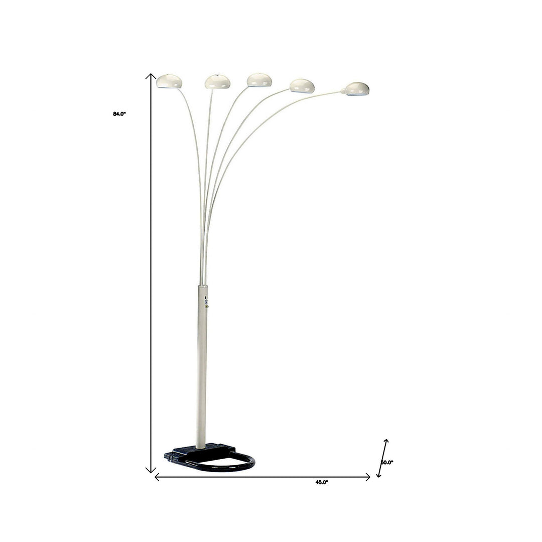 84" White Five Light Arc Floor Lamp With White Dome Shade