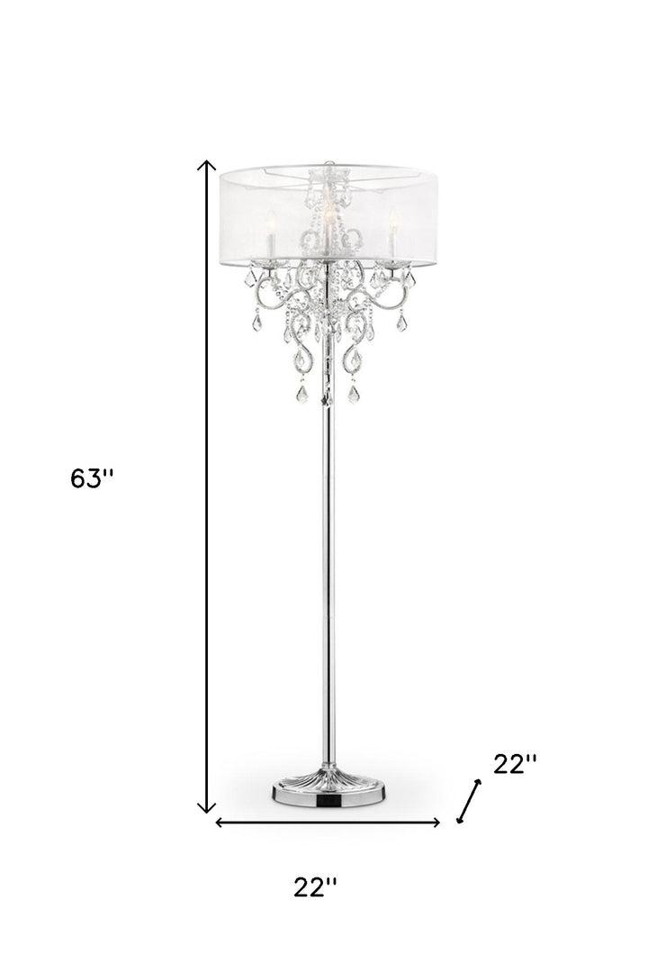 63" Steel Three Light Candelabra Floor Lamp With White Drum Shade