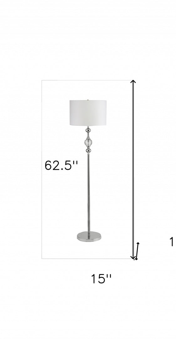 63" Chrome and Crystal Orb Shaped Floor Lamp With White Drum Shade