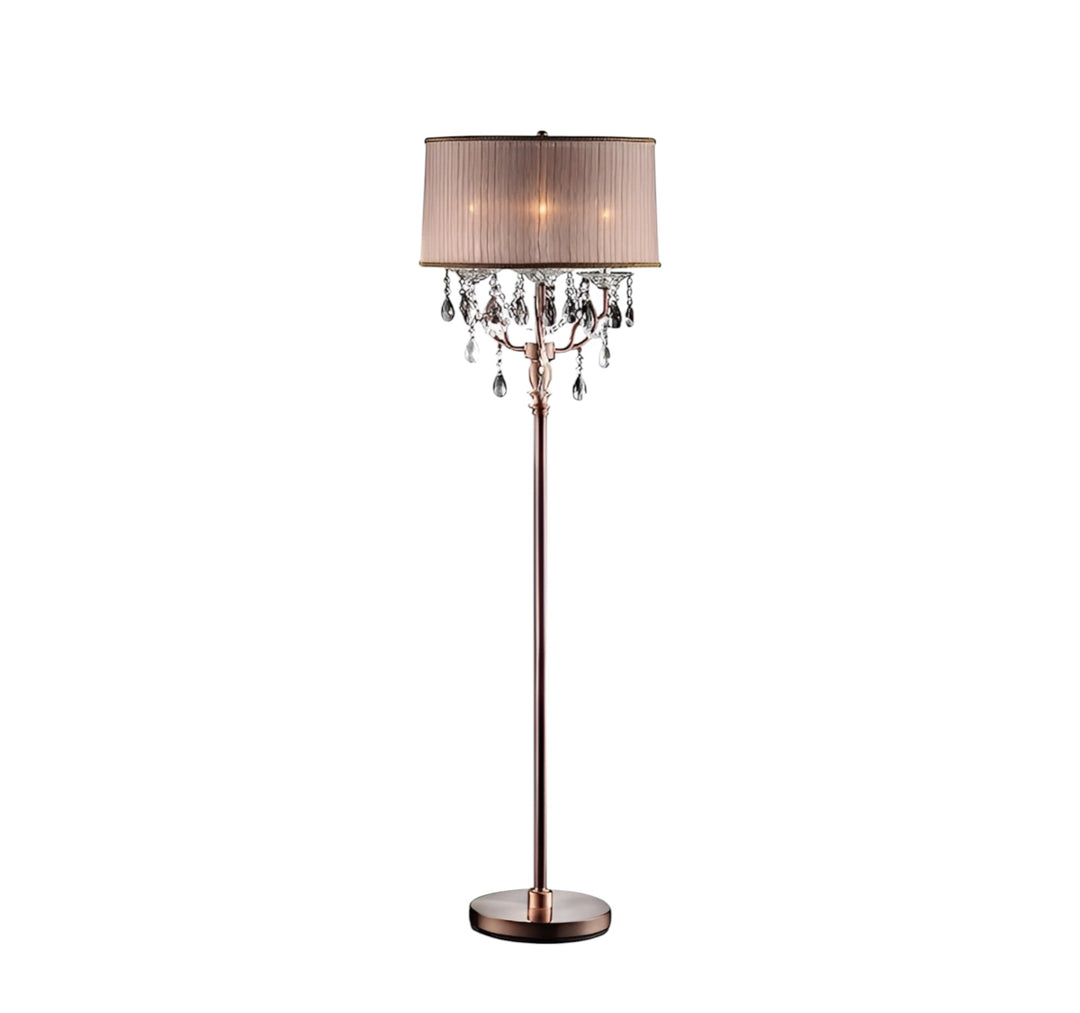 62" Steel Three Light Candelabra Floor Lamp With Silvery Pink Drum Shade