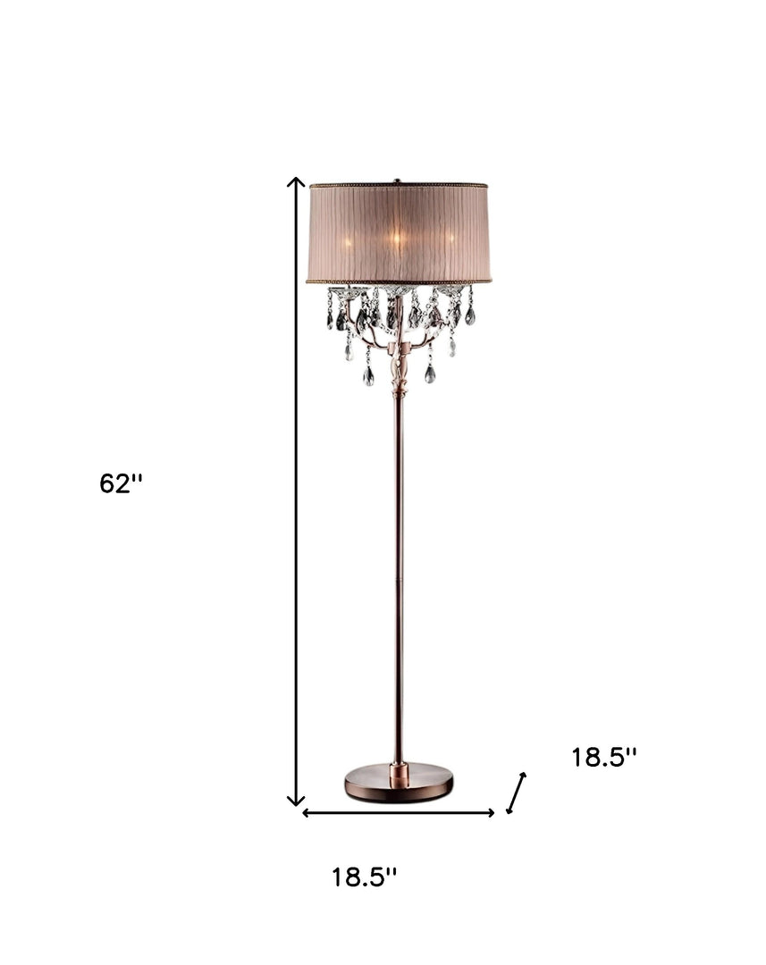 62" Steel Three Light Candelabra Floor Lamp With Silvery Pink Drum Shade