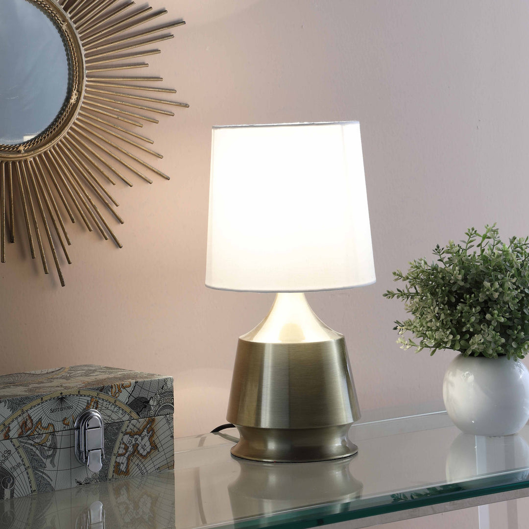 14" Brass Bedside Table Lamp With White Empire Shade