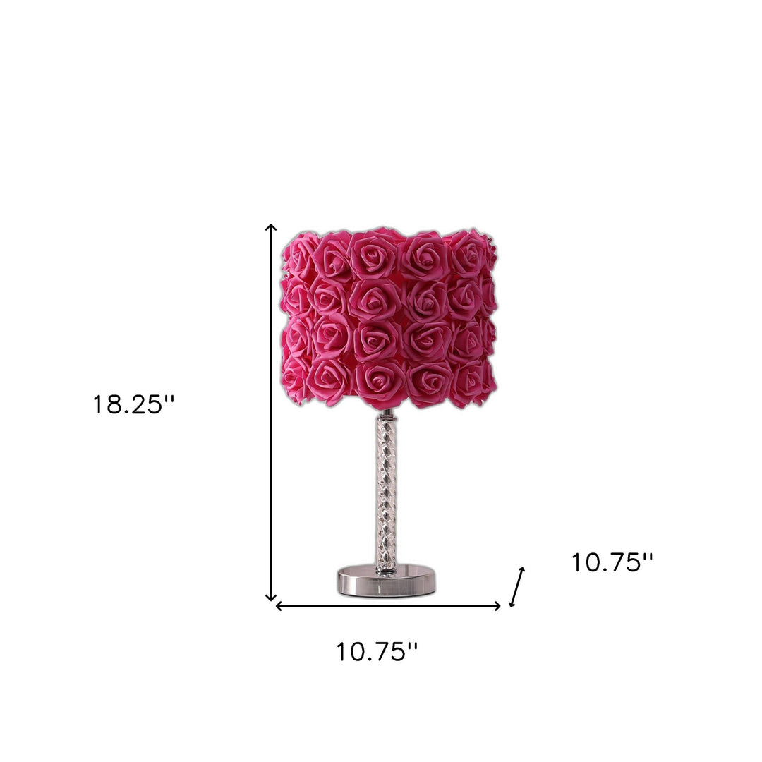 18" Silver Bedside Led Table Lamp With Red Flowers Drum Shade