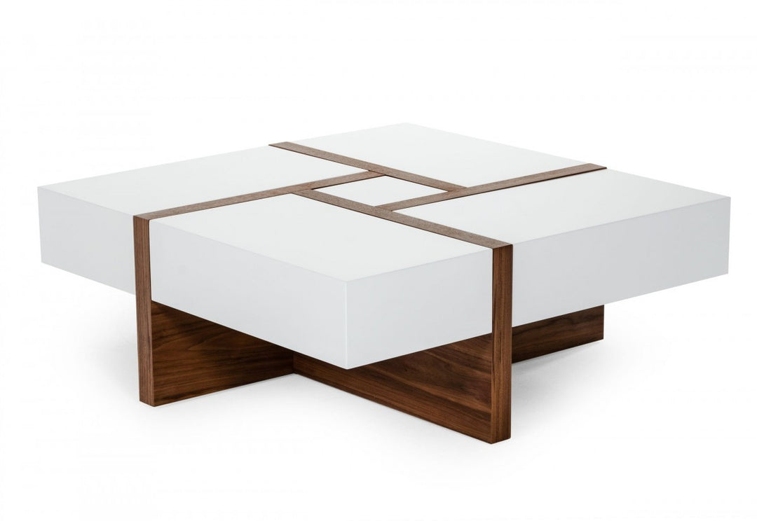 Modern White and Walnut Square Coffee Table with Storage