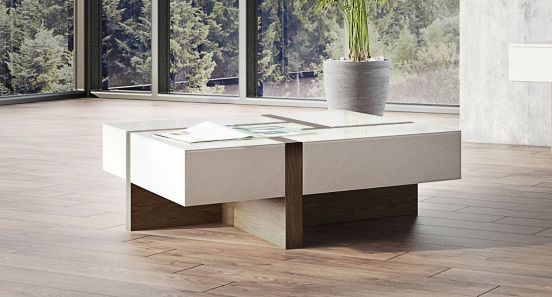 Modern White and Walnut Square Coffee Table with Storage